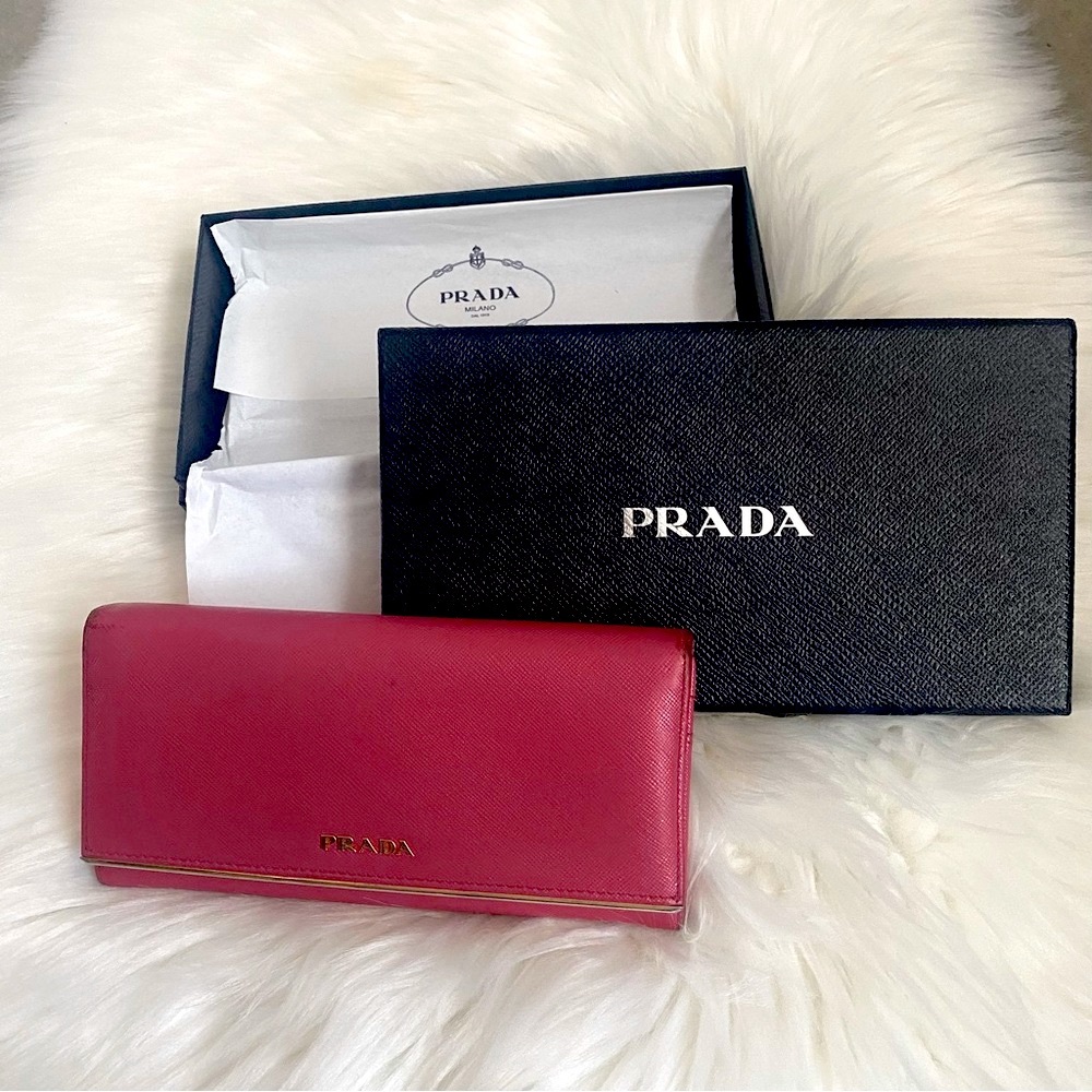 PRADA pink long wallet saffiano leather gold hardware with box